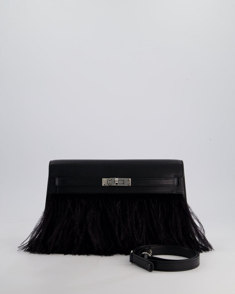 *EXTRA RARE* Hermès Kelly Elan Folie Bag in Noir Chevrè Chamkila Leather with Ostrich Feathers and Palladium Hardware
