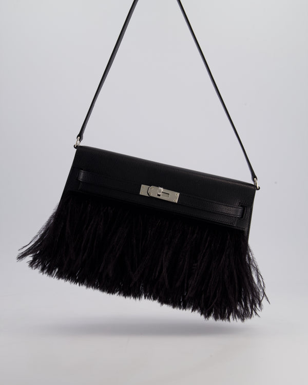 *EXTRA RARE* Hermès Kelly Elan Folie Bag in Noir Chevrè Chamkila Leather with Ostrich Feathers and Palladium Hardware