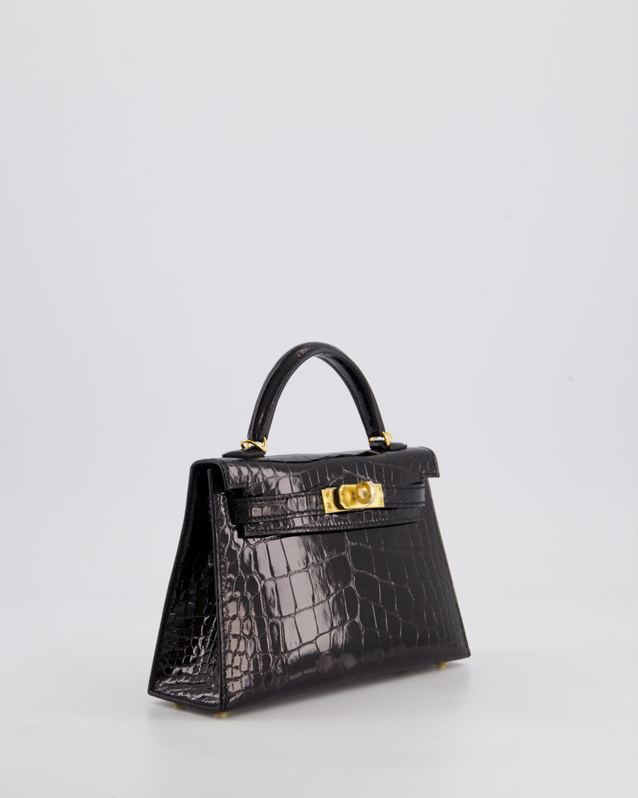 *SUPER RARE* Hermès Mini Kelly II 20cm Bag in Noir Alligator Mississippiensis Leather with Gold Hardware