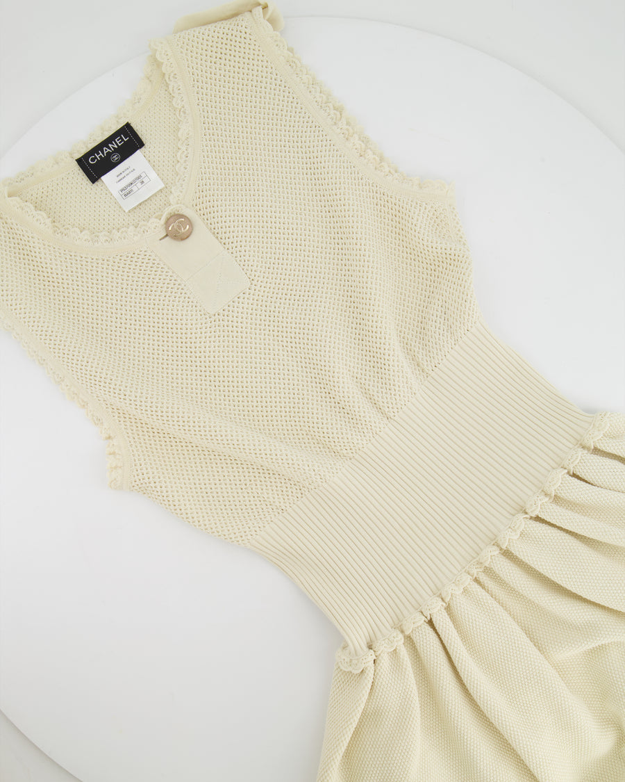 Chanel Cream Knit Sleeveless Mini Dress with Gold CC Logo Detail Size FR 38 (UK 10)