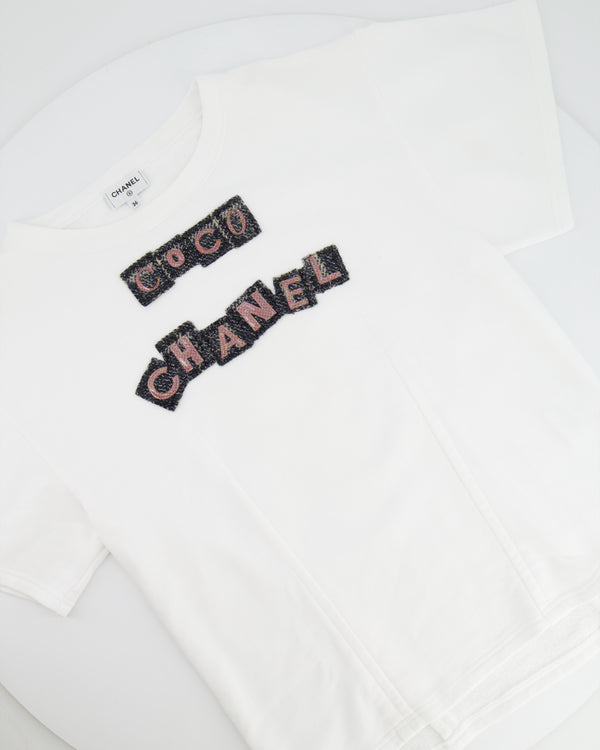 Chanel White T-Shirt with Embellished Coco Chanel Logo Size FR 36 (UK 8)