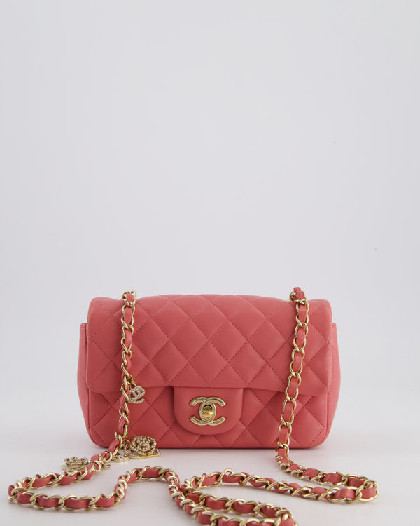 Chanel Pink Mini Rectangular Flap Bag in Lambskin Leather with Champagne Gold Hardware and Heart Charms