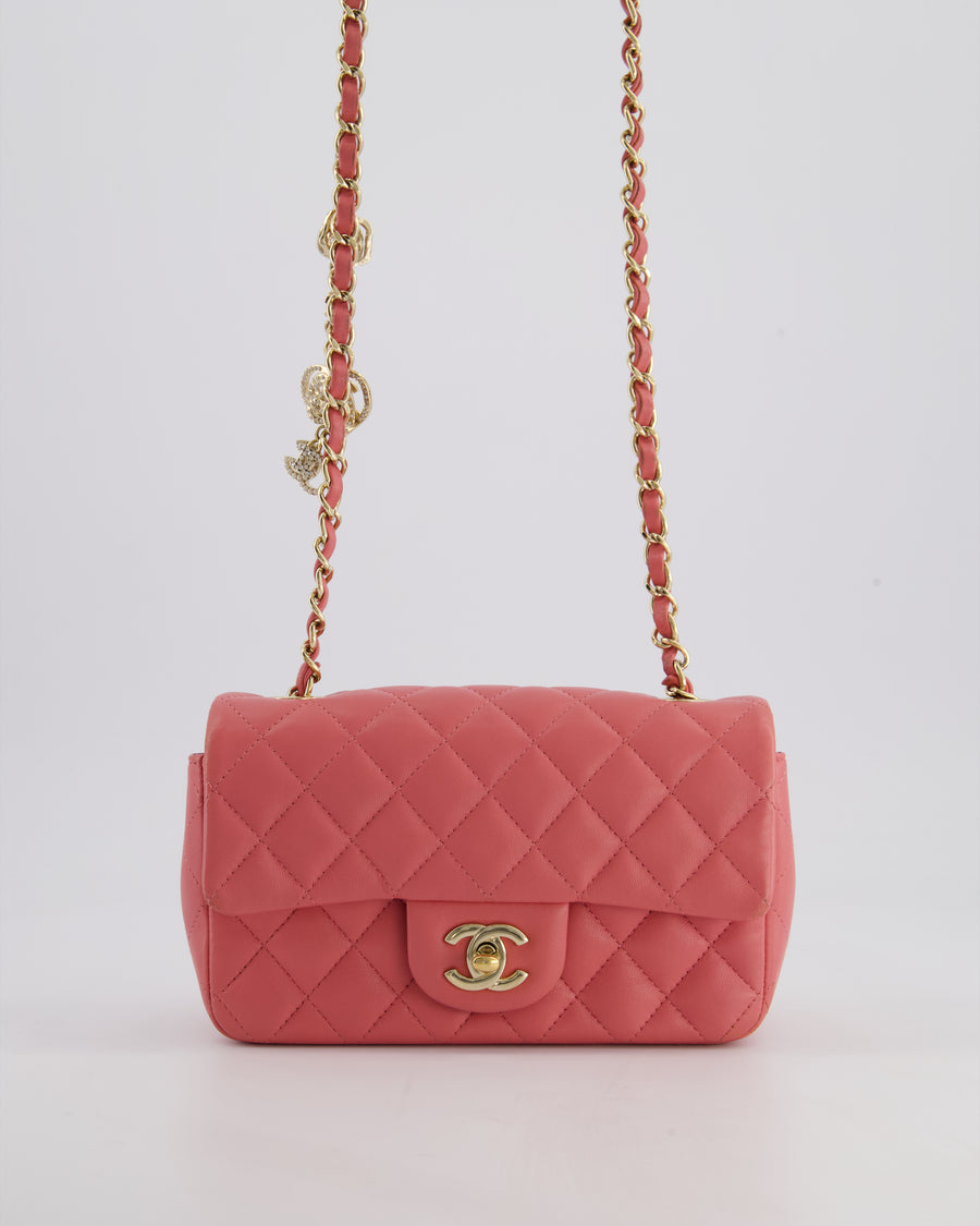 Chanel Pink Mini Rectangular Flap Bag in Lambskin Leather with Champagne Gold Hardware and Heart Charms