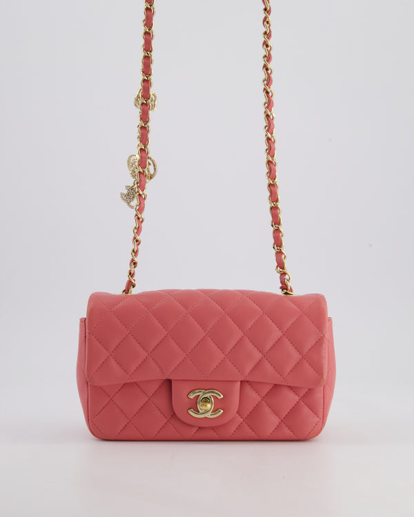 Chanel Pink Mini Rectangular Flap Bag in Lambskin Leather with Champagne Gold Hardware and Heart Charms