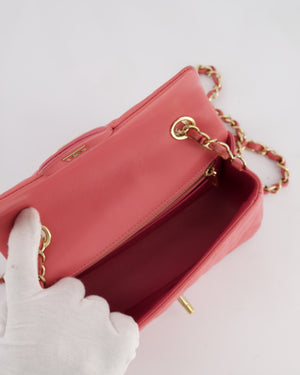 Chanel Pink Mini Rectangular Flap Bag in Lambskin Leather with Champagne Gold Hardware and Heart Charms