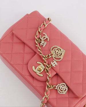 Chanel Pink Mini Rectangular Flap Bag in Lambskin Leather with Champagne Gold Hardware and Heart Charms