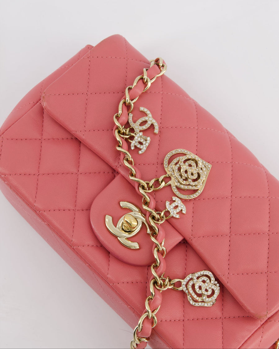Chanel Pink Mini Rectangular Flap Bag in Lambskin Leather with Champagne Gold Hardware and Heart Charms