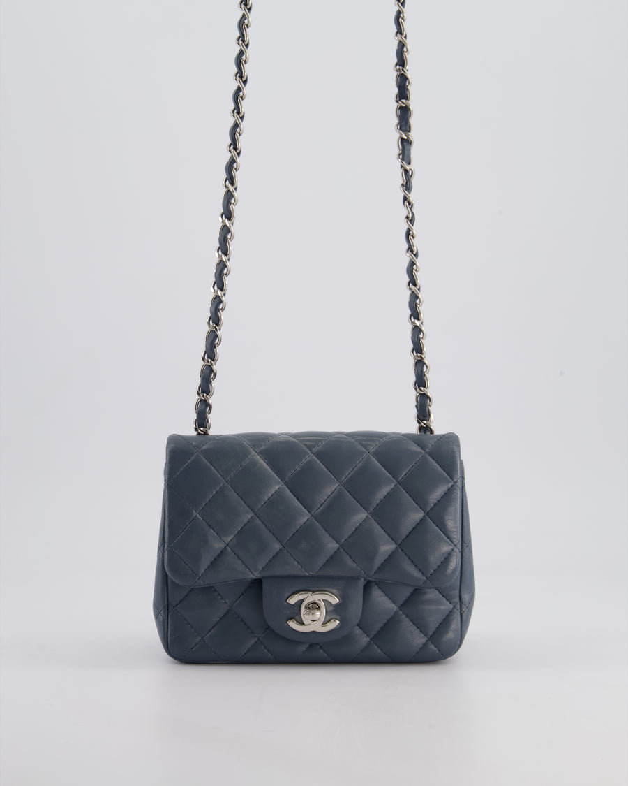 Chanel Grey Mini Square Single Flap Bag in Lambskin Leather with Silver Hardware