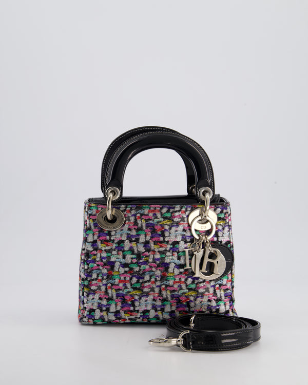 Christian Dior Mini Lady Dior Bag in Multi-Colour Metallic Fabric and Black Patent Leather with Silver Hardware