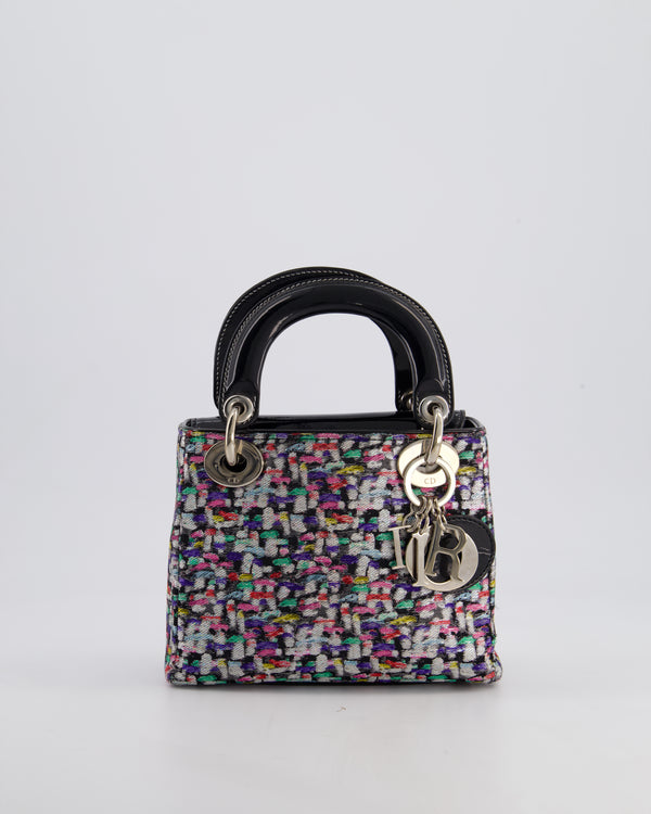 Christian Dior Mini Lady Dior Bag in Multi-Colour Metallic Fabric and Black Patent Leather with Silver Hardware