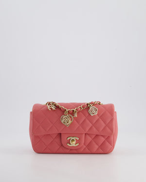 Chanel Pink Mini Rectangular Flap Bag in Lambskin Leather with Champagne Gold Hardware and Heart Charms