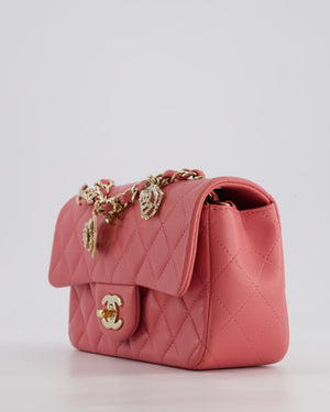 Chanel Pink Mini Rectangular Flap Bag in Lambskin Leather with Champagne Gold Hardware and Heart Charms