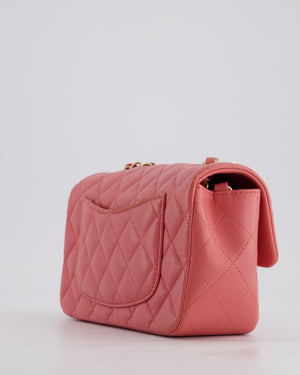Chanel Pink Mini Rectangular Flap Bag in Lambskin Leather with Champagne Gold Hardware and Heart Charms