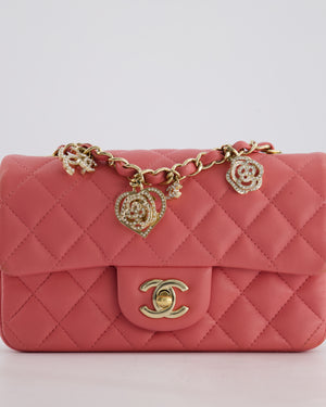Chanel Pink Mini Rectangular Flap Bag in Lambskin Leather with Champagne Gold Hardware and Heart Charms