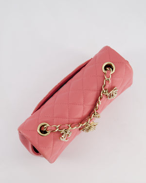 Chanel Pink Mini Rectangular Flap Bag in Lambskin Leather with Champagne Gold Hardware and Heart Charms