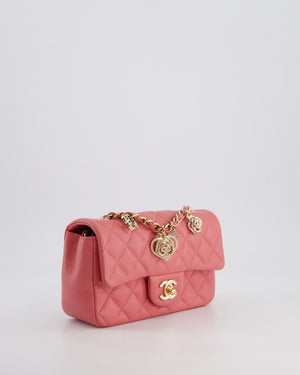 Chanel Pink Mini Rectangular Flap Bag in Lambskin Leather with Champagne Gold Hardware and Heart Charms