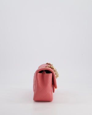 Chanel Pink Mini Rectangular Flap Bag in Lambskin Leather with Champagne Gold Hardware and Heart Charms