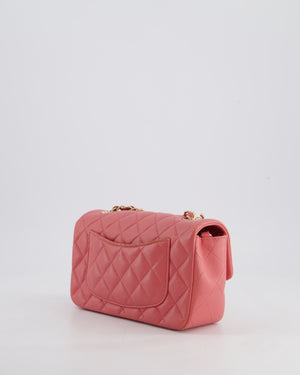 Chanel Pink Mini Rectangular Flap Bag in Lambskin Leather with Champagne Gold Hardware and Heart Charms