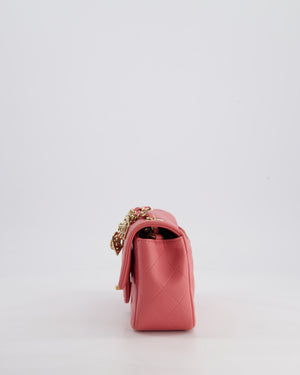 Chanel Pink Mini Rectangular Flap Bag in Lambskin Leather with Champagne Gold Hardware and Heart Charms