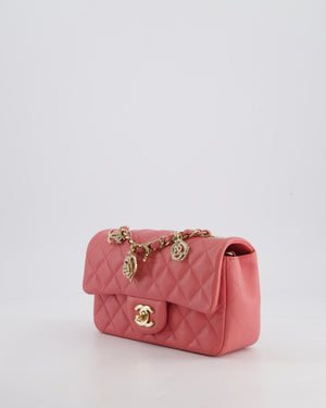 Chanel Pink Mini Rectangular Flap Bag in Lambskin Leather with Champagne Gold Hardware and Heart Charms