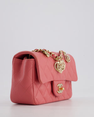 Chanel Pink Mini Rectangular Flap Bag in Lambskin Leather with Champagne Gold Hardware and Heart Charms
