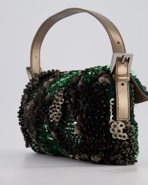 Fendi Green Metallic Sequin Beaded Baguette Bag with Metallic Leather Strap and Ruthenium Aged Hardware