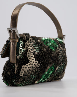 Fendi Green Metallic Sequin Beaded Baguette Bag with Metallic Leather Strap and Ruthenium Aged Hardware