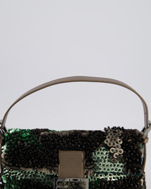 Fendi Green Metallic Sequin Beaded Baguette Bag with Metallic Leather Strap and Ruthenium Aged Hardware