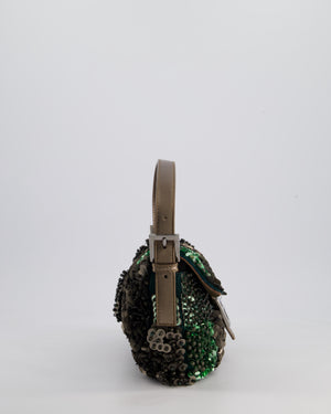 Fendi Green Metallic Sequin Beaded Baguette Bag with Metallic Leather Strap and Ruthenium Aged Hardware