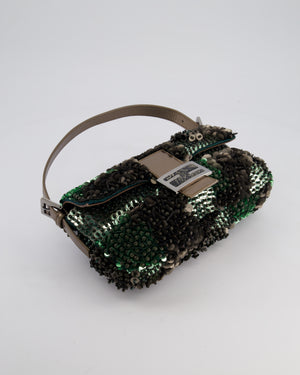 Fendi Green Metallic Sequin Beaded Baguette Bag with Metallic Leather Strap and Ruthenium Aged Hardware