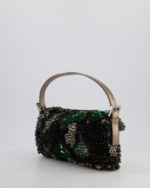 Fendi Green Metallic Sequin Beaded Baguette Bag with Metallic Leather Strap and Ruthenium Aged Hardware