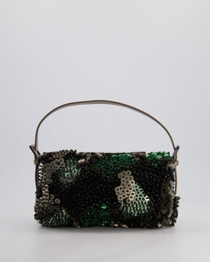 Fendi Green Metallic Sequin Beaded Baguette Bag with Metallic Leather Strap and Ruthenium Aged Hardware