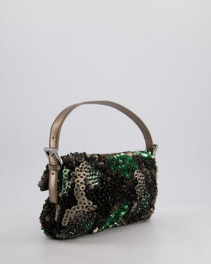 Fendi Green Metallic Sequin Beaded Baguette Bag with Metallic Leather Strap and Ruthenium Aged Hardware