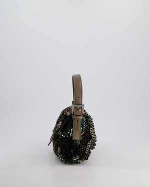 Fendi Green Metallic Sequin Beaded Baguette Bag with Metallic Leather Strap and Ruthenium Aged Hardware