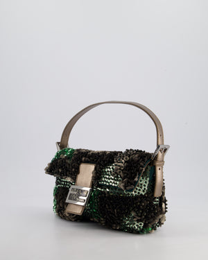 Fendi Green Metallic Sequin Beaded Baguette Bag with Metallic Leather Strap and Ruthenium Aged Hardware