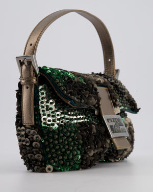 Fendi Green Metallic Sequin Beaded Baguette Bag with Metallic Leather Strap and Ruthenium Aged Hardware
