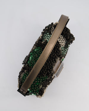 Fendi Green Metallic Sequin Beaded Baguette Bag with Metallic Leather Strap and Ruthenium Aged Hardware