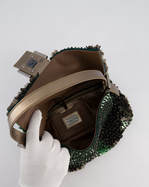 Fendi Green Metallic Sequin Beaded Baguette Bag with Metallic Leather Strap and Ruthenium Aged Hardware