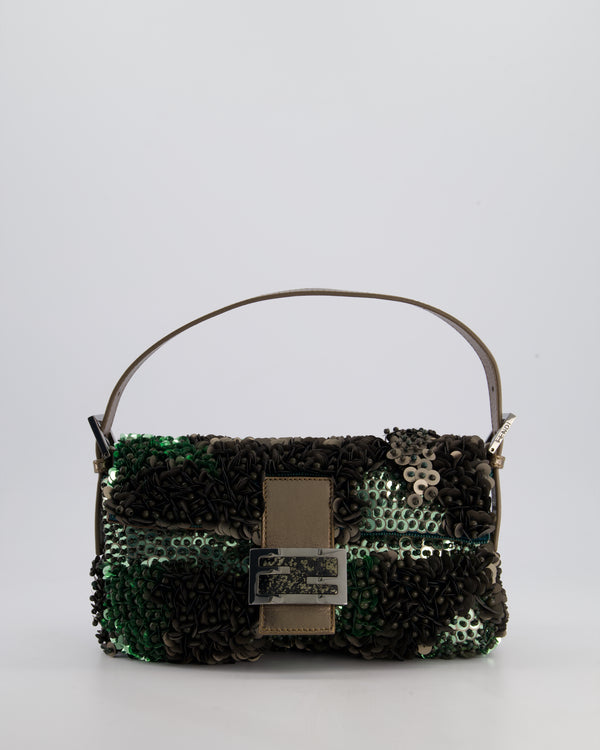 Fendi Green Metallic Sequin Beaded Baguette Bag with Metallic Leather Strap and Ruthenium Aged Hardware