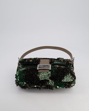 Fendi Green Metallic Sequin Beaded Baguette Bag with Metallic Leather Strap and Ruthenium Aged Hardware
