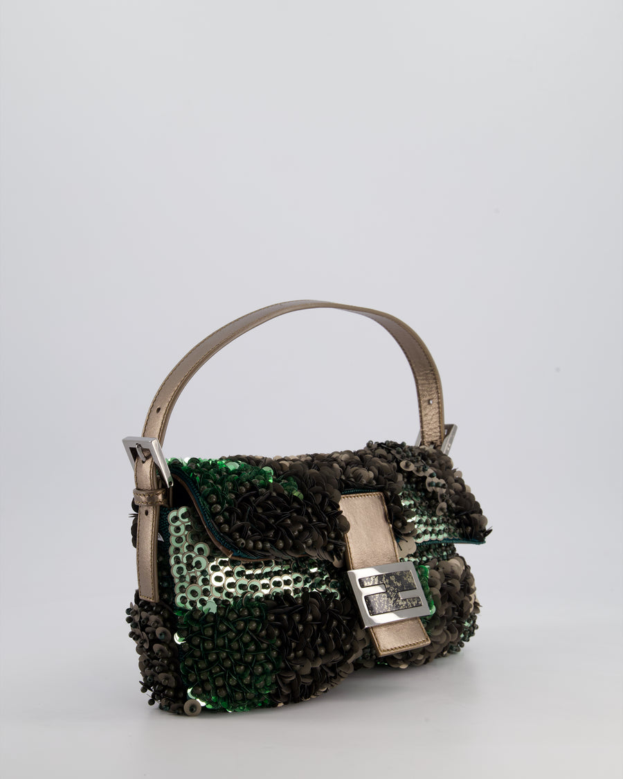 Fendi Green Metallic Sequin Beaded Baguette Bag with Metallic Leather Strap and Ruthenium Aged Hardware