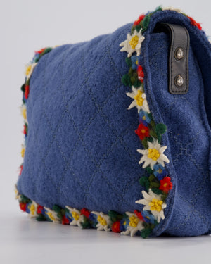 *LIMITED EDITION* Chanel Blue Fabric Paris-Salzburg Crest Austrian Embroidered Messenger Bag with Floral Detail, Charms and Ruthenium Hardware