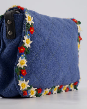 *LIMITED EDITION* Chanel Blue Fabric Paris-Salzburg Crest Austrian Embroidered Messenger Bag with Floral Detail, Charms and Ruthenium Hardware