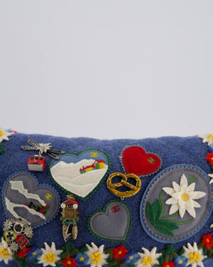 *LIMITED EDITION* Chanel Blue Fabric Paris-Salzburg Crest Austrian Embroidered Messenger Bag with Floral Detail, Charms and Ruthenium Hardware