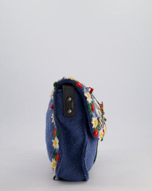 *LIMITED EDITION* Chanel Blue Fabric Paris-Salzburg Crest Austrian Embroidered Messenger Bag with Floral Detail, Charms and Ruthenium Hardware