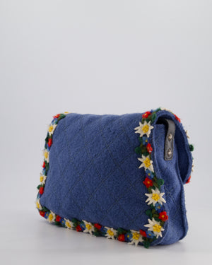 *LIMITED EDITION* Chanel Blue Fabric Paris-Salzburg Crest Austrian Embroidered Messenger Bag with Floral Detail, Charms and Ruthenium Hardware