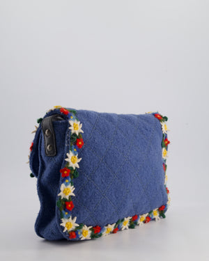 *LIMITED EDITION* Chanel Blue Fabric Paris-Salzburg Crest Austrian Embroidered Messenger Bag with Floral Detail, Charms and Ruthenium Hardware
