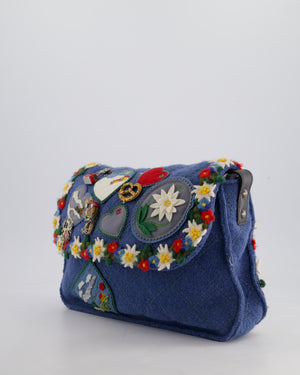 *LIMITED EDITION* Chanel Blue Fabric Paris-Salzburg Crest Austrian Embroidered Messenger Bag with Floral Detail, Charms and Ruthenium Hardware