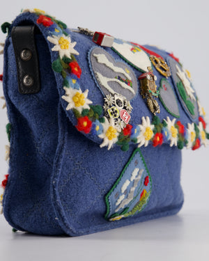 *LIMITED EDITION* Chanel Blue Fabric Paris-Salzburg Crest Austrian Embroidered Messenger Bag with Floral Detail, Charms and Ruthenium Hardware