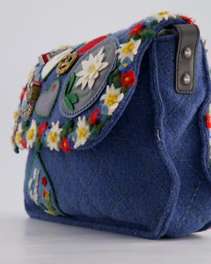 *LIMITED EDITION* Chanel Blue Fabric Paris-Salzburg Crest Austrian Embroidered Messenger Bag with Floral Detail, Charms and Ruthenium Hardware